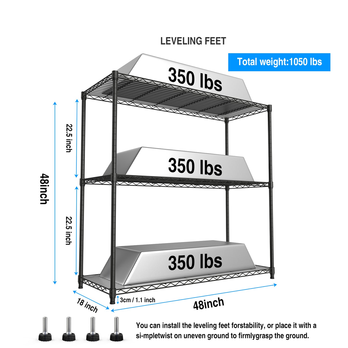 3 Tier Heavy Duty Wire Shelving Unit 1050 LBS Capacity Adjustable Metal Garage Storage Rack Black