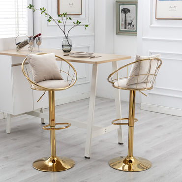 Velvet Bar Chair Set of 2 Pure Gold Plated Unique Design 360 Degree Rotation Adjustable Height for Dining Room and Bar