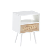 15.75 Inch Rattan End Table with Drawer Solid Wood Legs Modern Nightstand Side Table for Living Room Bedroom White