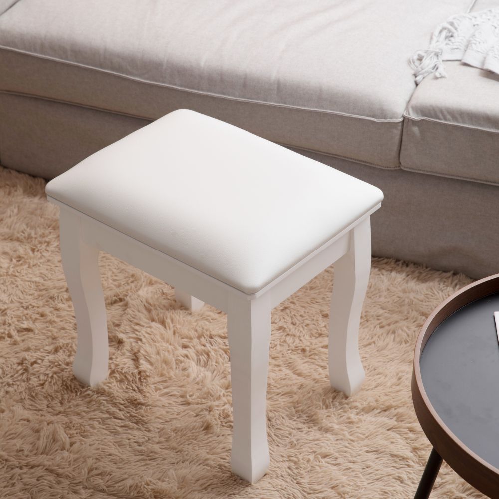 White Vanity Stool Padded Makeup Chair Bench with Solid Wood Legs