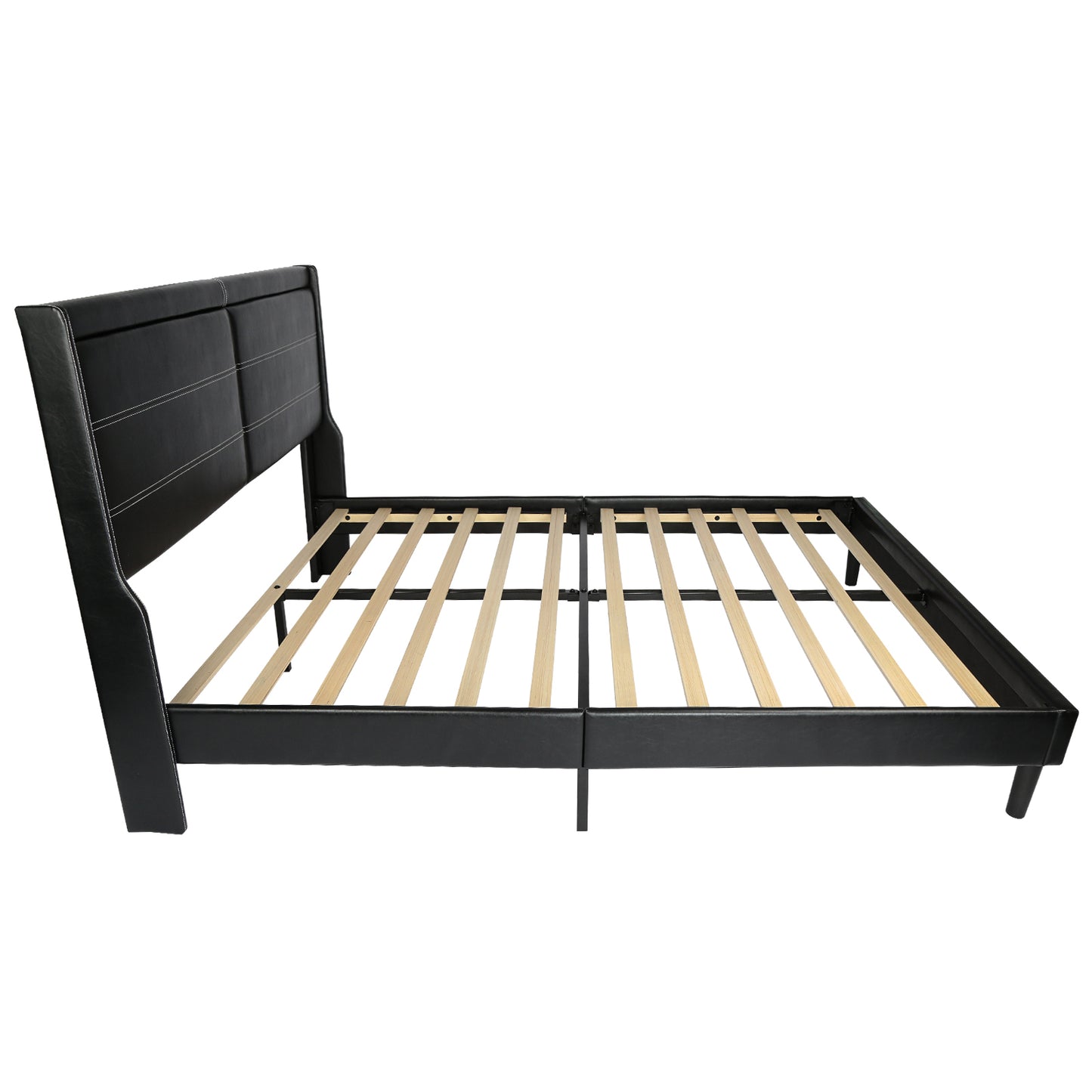 Queen PU Leather Upholstered Bed Frame with LED Lights Wing-Back Headboard Strong Wooden Slats No Box Spring Black