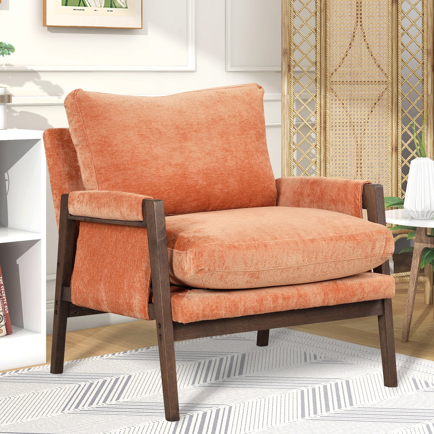 Mid-Century Modern Velvet Accent Chair Solid Wood Thick Cushion for Living Room Bedroom Studio Orange