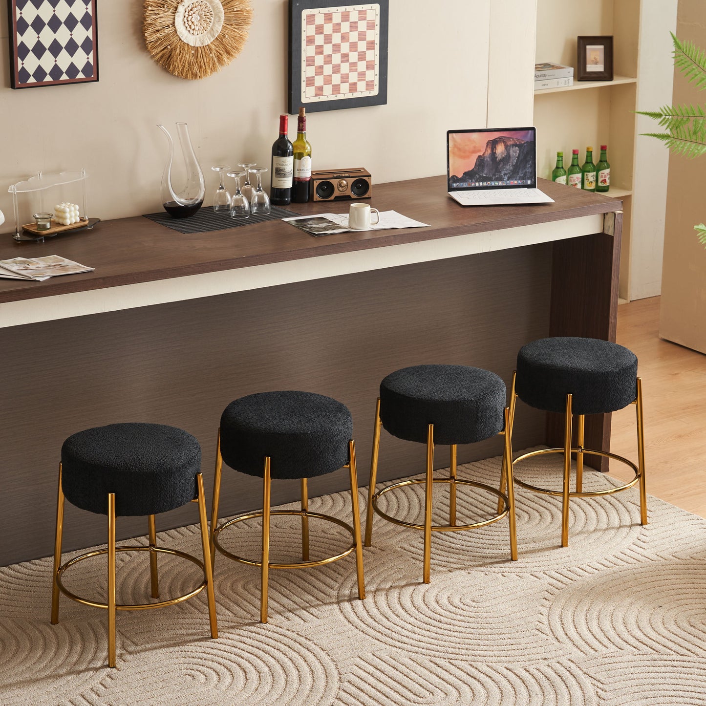 Contemporary Set of 2 24 Inch Upholstered Round Bar Stools for Kitchen and Cafe Stylish Seating