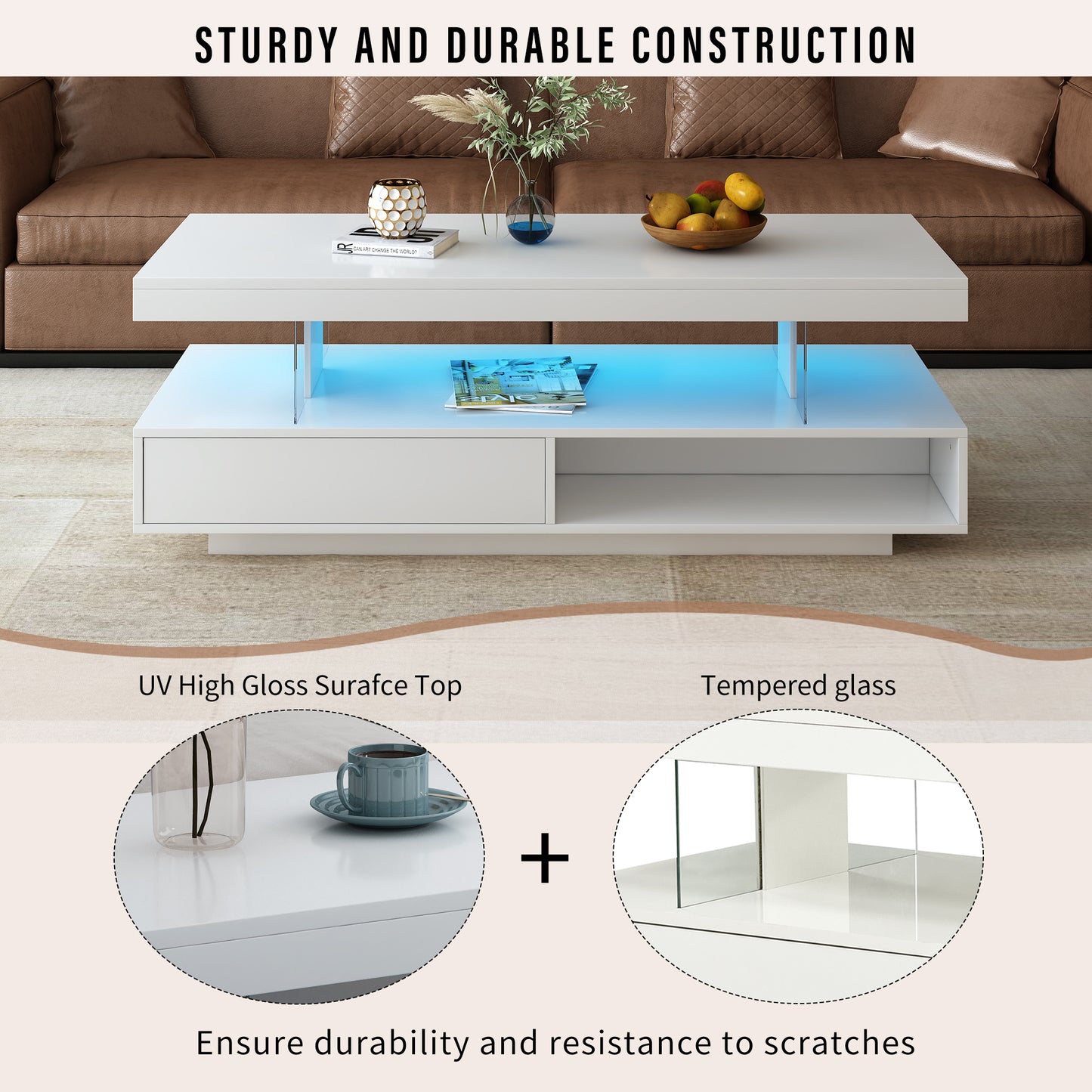 Modern LED Coffee Table with Storage and 2 Drawers, Accent Center Table with Display Shelves for Living Room, White