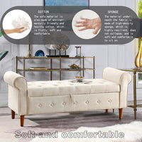 62 Inch Tufted Button Storage Bench Modern Fabric Ottoman Rolled Arm Design for Bedroom Living Room Foyer Beige