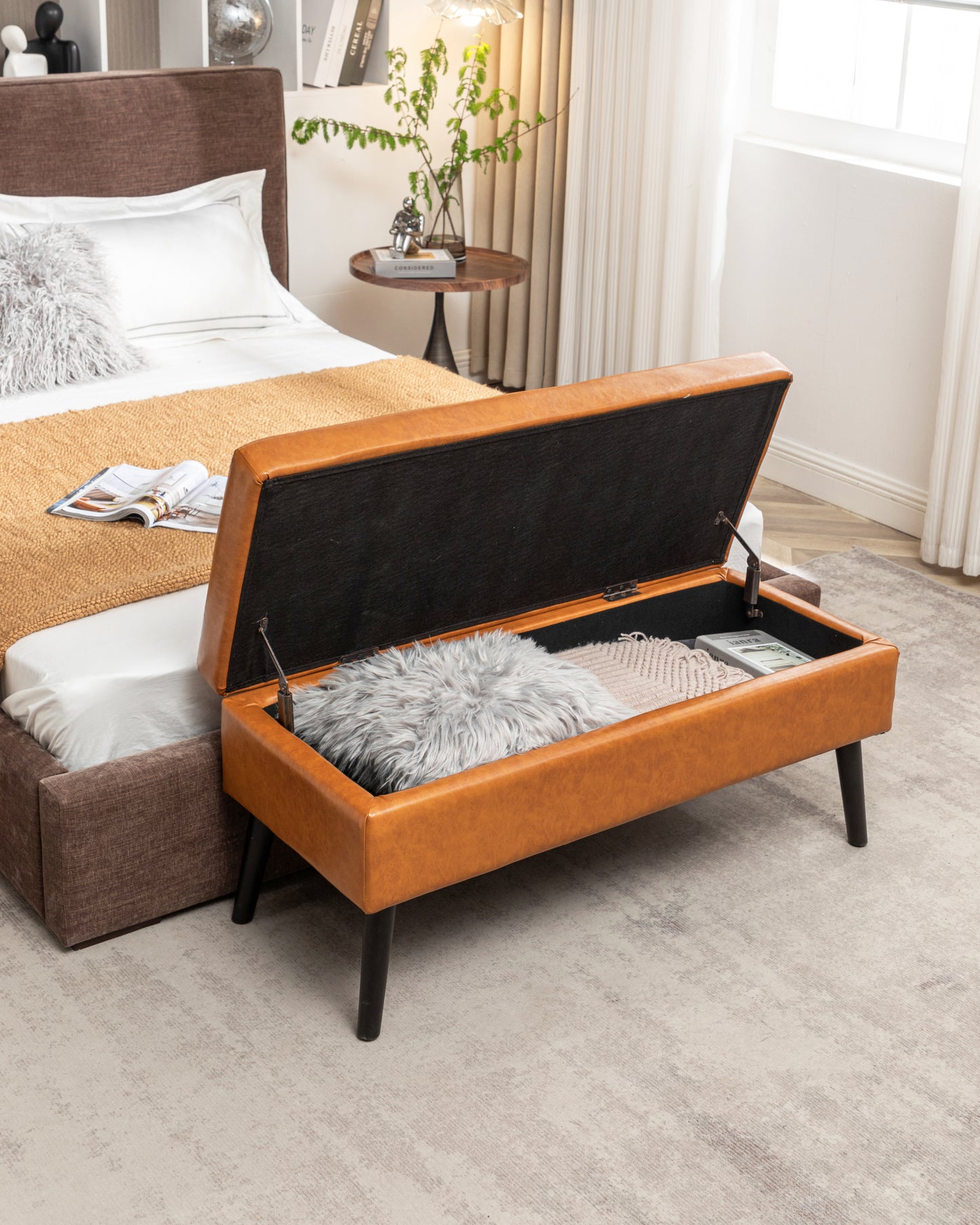 Brown Leather Storage Bench for Bedroom Entryway 43.3" Stylish Ottoman at Foot of Bed