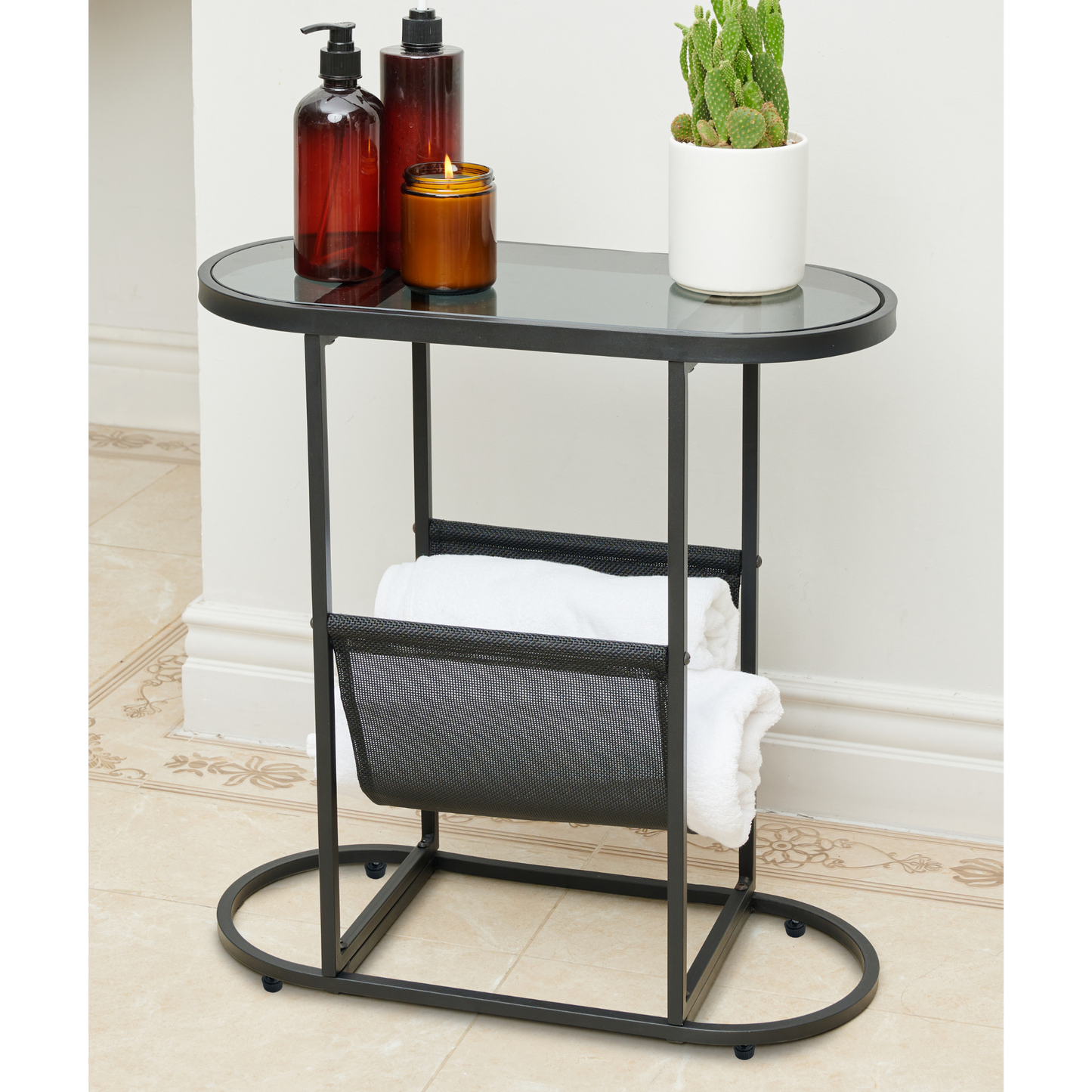 Glass Oval Small Side Tables for Living Room Set of 2 with Magazine Organizer and Storage Space Ideal for Small Spaces