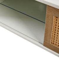 Rattan TV Cabinet with Color Changing Light Strip Double Sliding Doors Adjustable Shelf Metal Legs for Living Room White