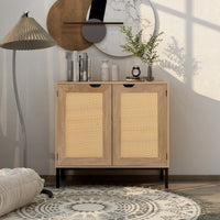 Rustic Accent Storage Cabinet with Rattan Doors Mid Century Natural Wood Sideboard for Living Room