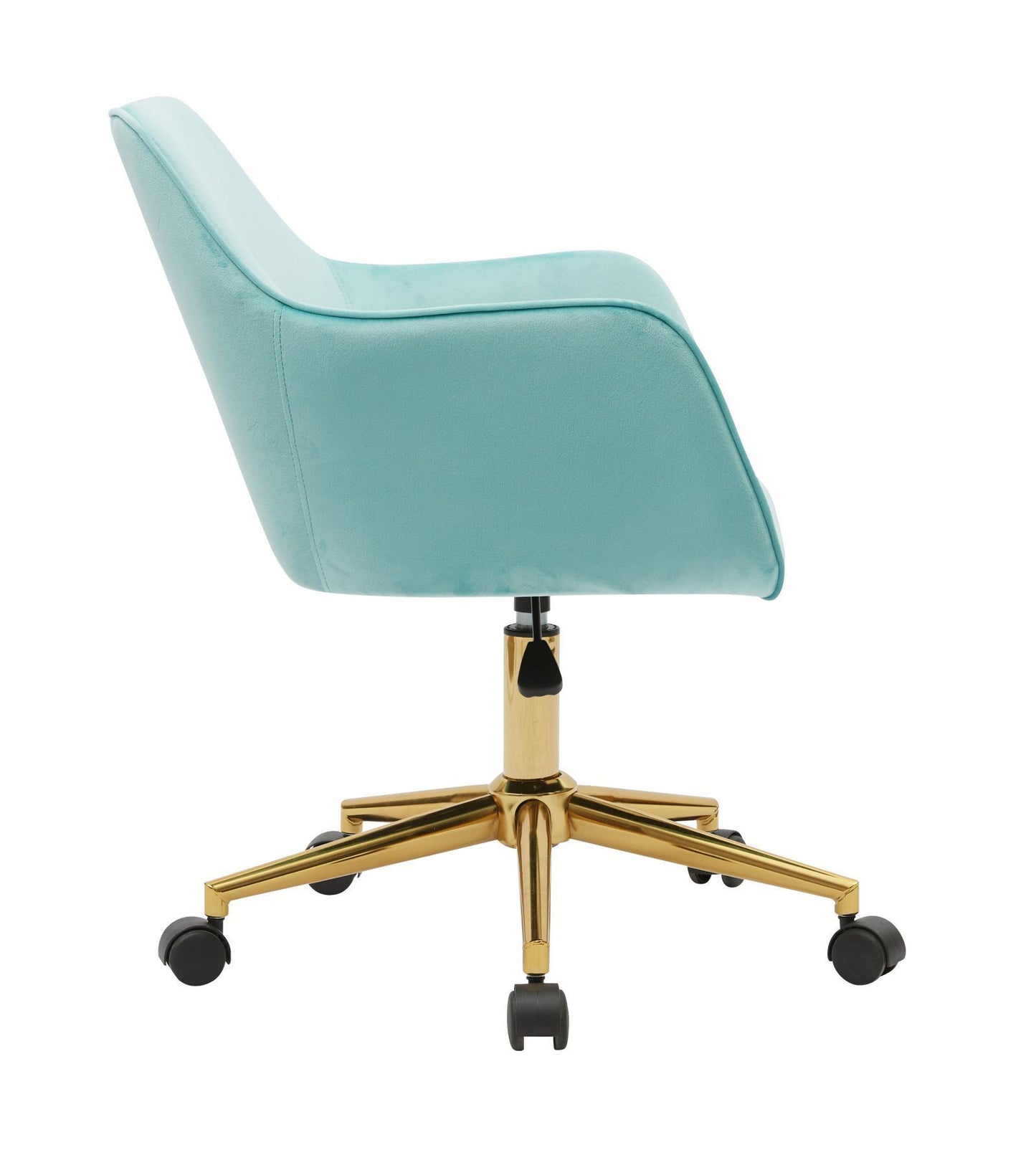 Modern Velvet Adjustable Height 360 Revolving Home Office Chair Aqua Light Blue Gold Metal Legs Universal Wheels