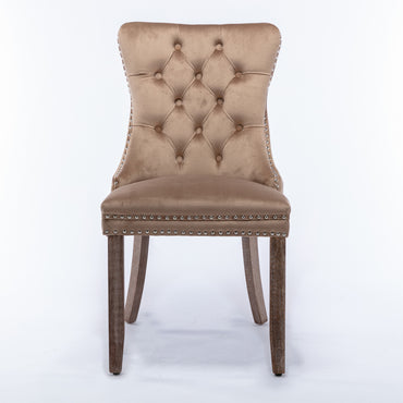 Modern Velvet Upholstered Dining Chair Set with Tufted Design and Nailhead Trim Solid Wood Legs Khaki 2-Pcs