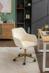 Adjustable Height 360 Revolving Velvet Office Chair with Gold Metal Legs and Universal Wheels Beige