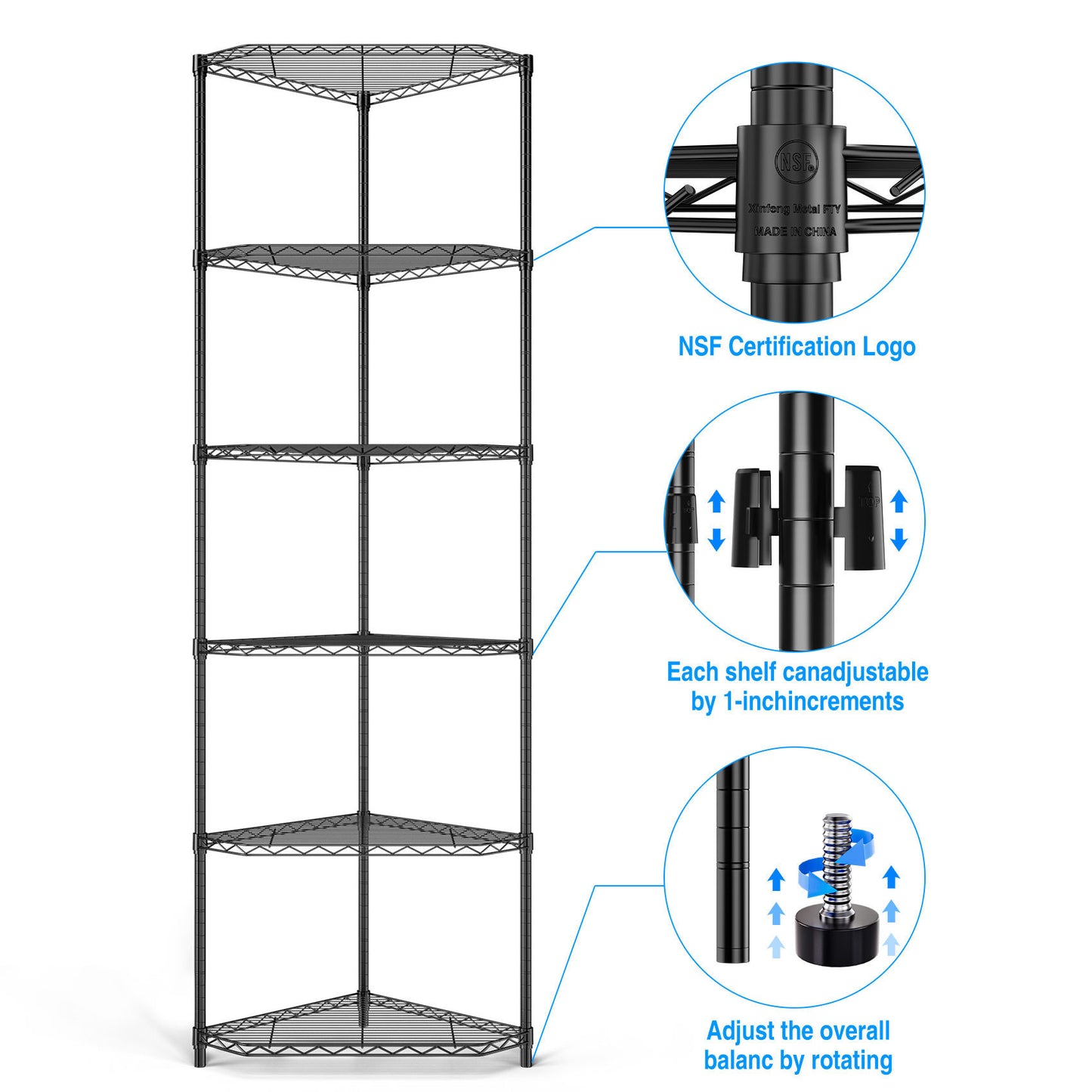 6 Tier Adjustable Corner Wire Shelf Rack Heavy Duty Free Standing Metal Storage Display for Bathroom Living Room Kitchen Black