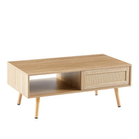 41.34 Inch Rattan Coffee Table with Sliding Door Storage Solid Wood Legs Modern Living Room Furniture Natural Design