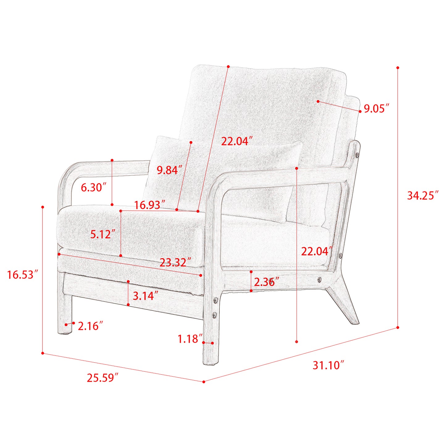 Modern Teddy Fabric Accent Chair Wood Frame Armchair for Living Room Cozy Upholstered Seat Stylish Home Furniture