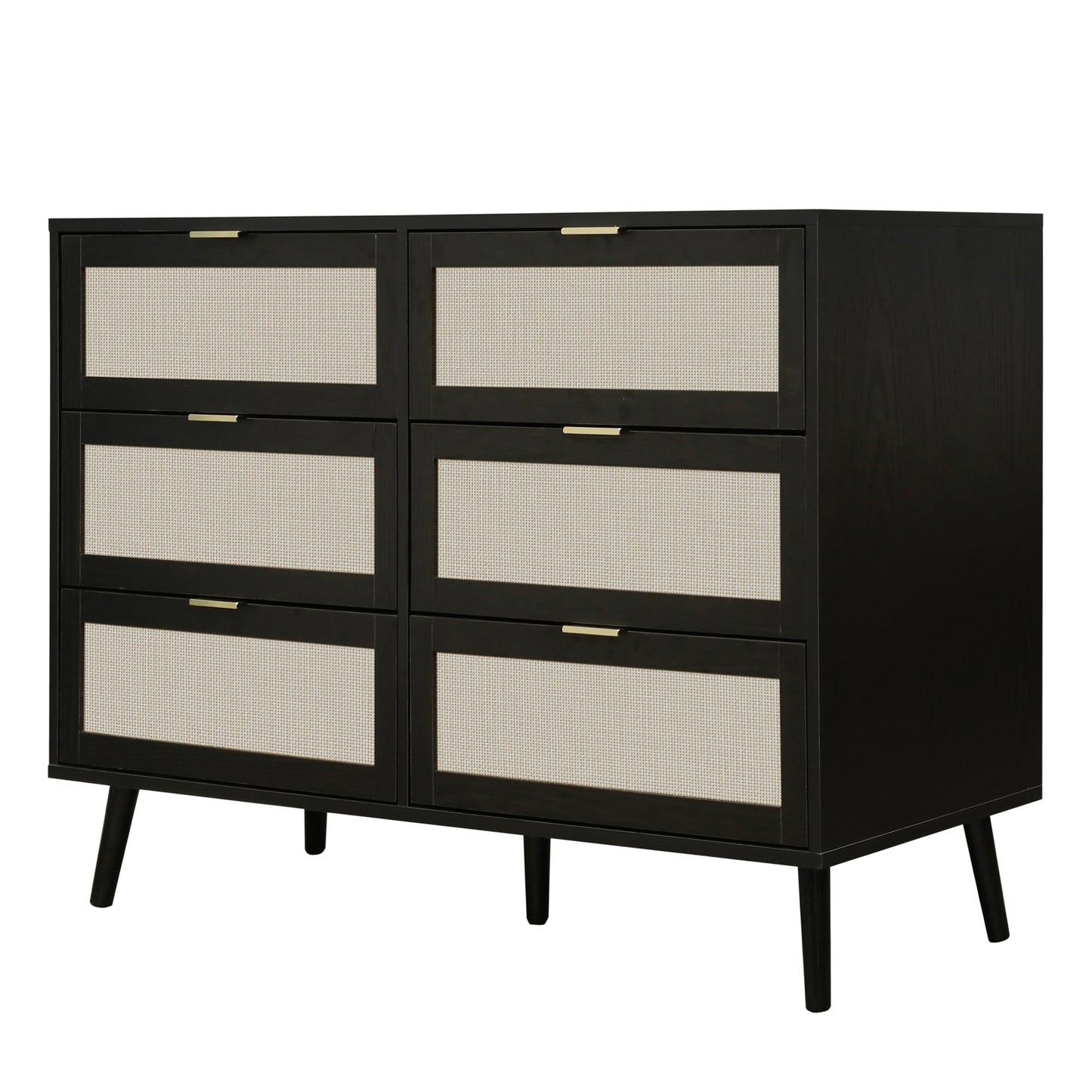 Modern 6 Drawer Dresser Black Wood Storage Cabinet for Bedroom or Living Room Furniture