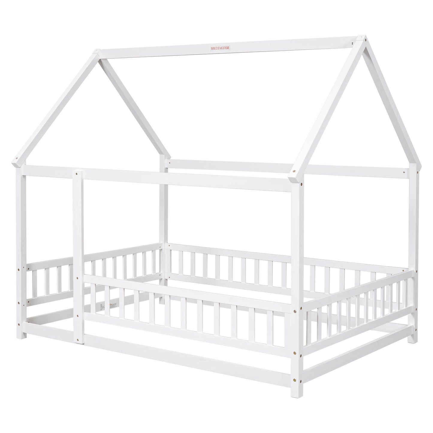 Wooden Full Size Bed With House Roof Frame And Fence Guardrails In Grey