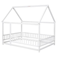 Wooden Full Size Bed With House Roof Frame And Fence Guardrails In Grey