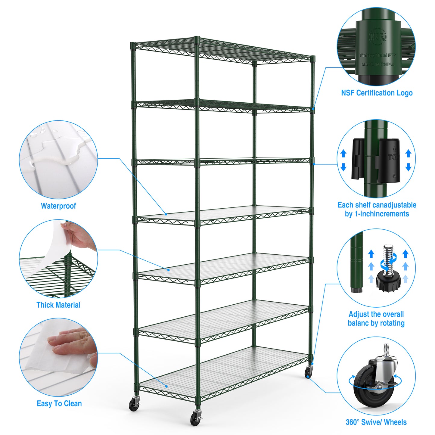 7 Tier Heavy Duty Wire Shelving Unit 2450 LBS Capacity Adjustable Metal Storage Shelves with Wheels for Garage Organization