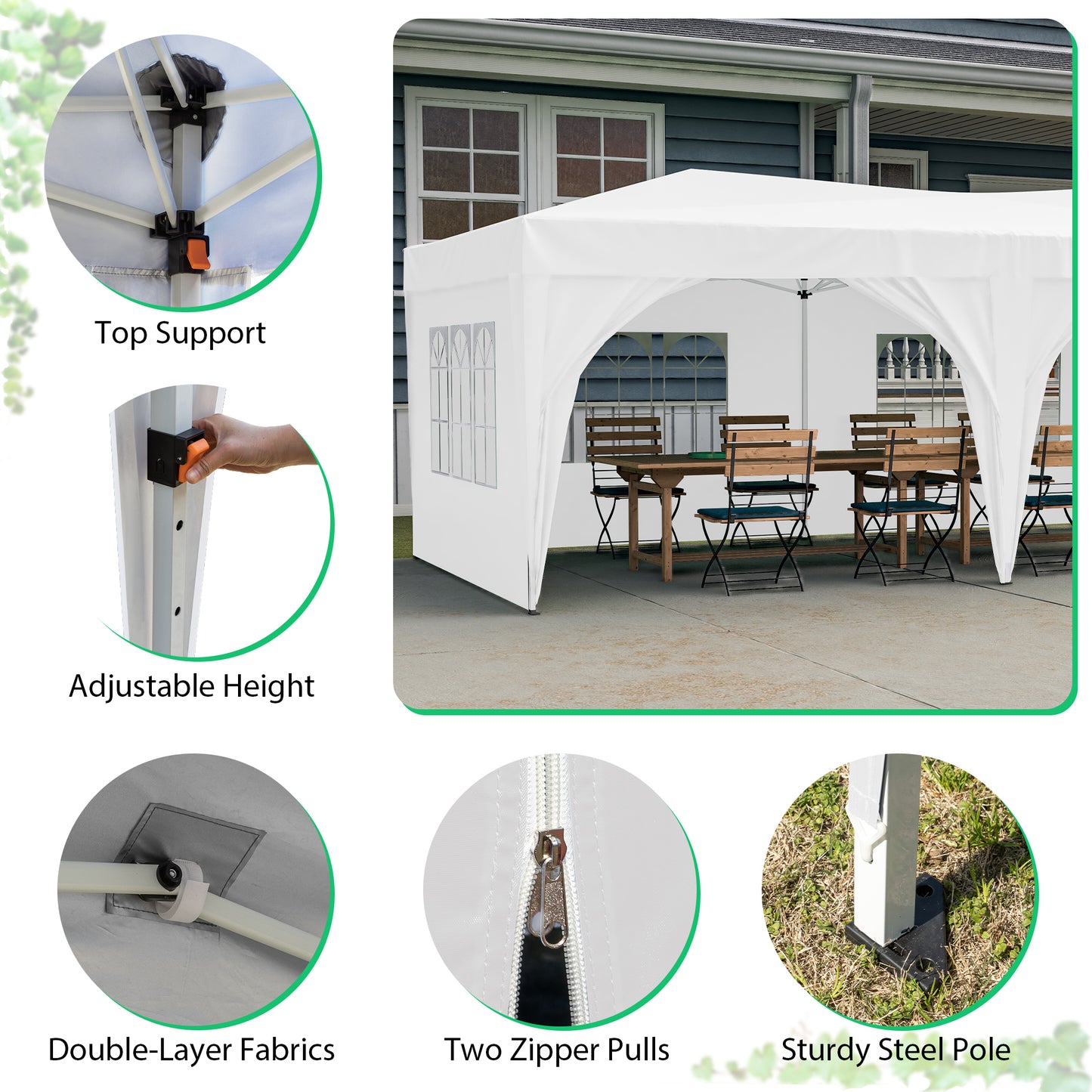 10x20 Waterproof Pop Up Canopy Tent with 6 Sidewalls Adjustable Height Carry Bag Sand Bags Ropes and Stakes for Outdoor Events