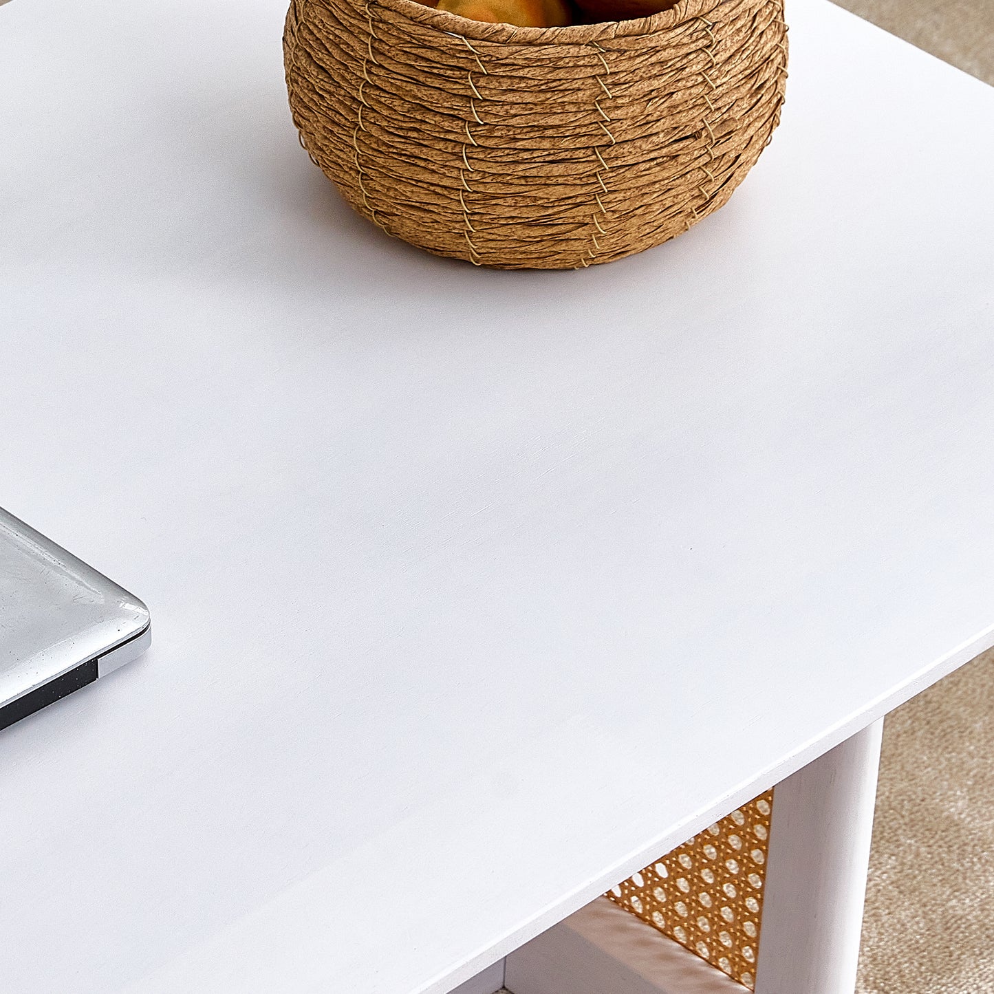 Chinese Style White Solid Wood Imitation Rattan Rectangular Coffee Table Small Living Room Low Table
