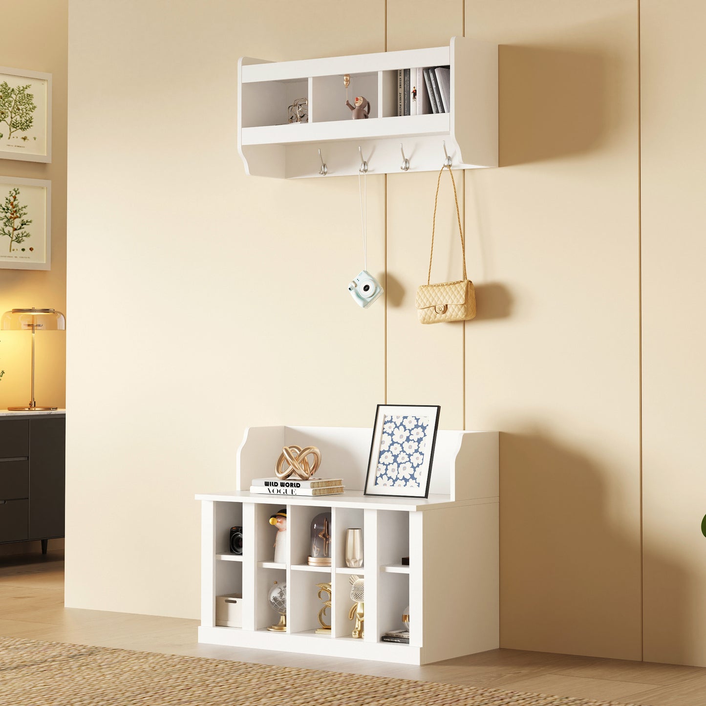 Shoe Storage Bench with Shelves and Hooks Elegant Hall Tree Entryway Organizer for Hallway Foyer Mudroom White