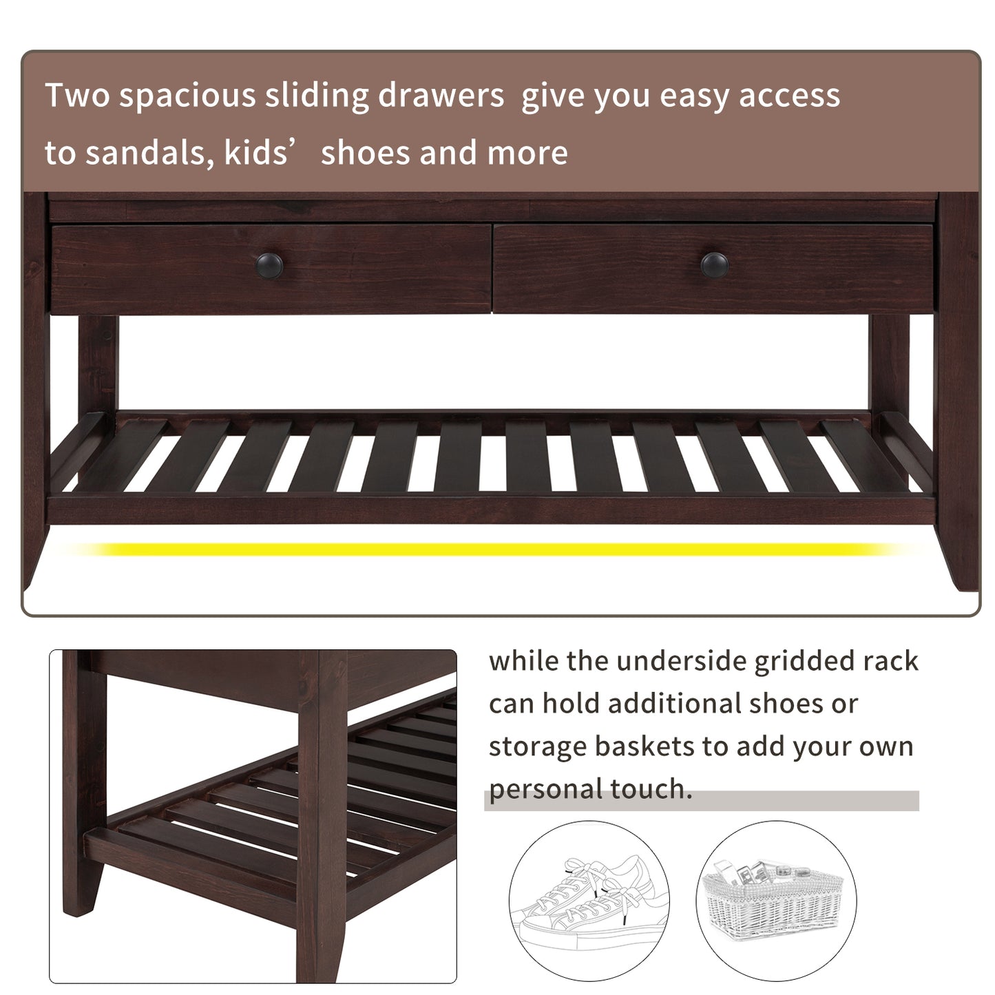 Multipurpose Entryway Storage Bench with Cushioned Seat and Drawers Espresso Shoe Rack for Home Organization