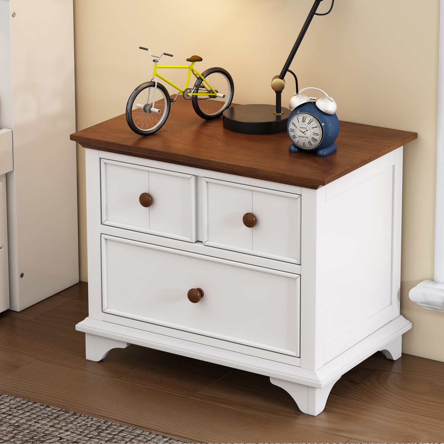 Wooden Two-Drawer Nightstand for Kids Bedroom Living Room End Table White Walnut Finish