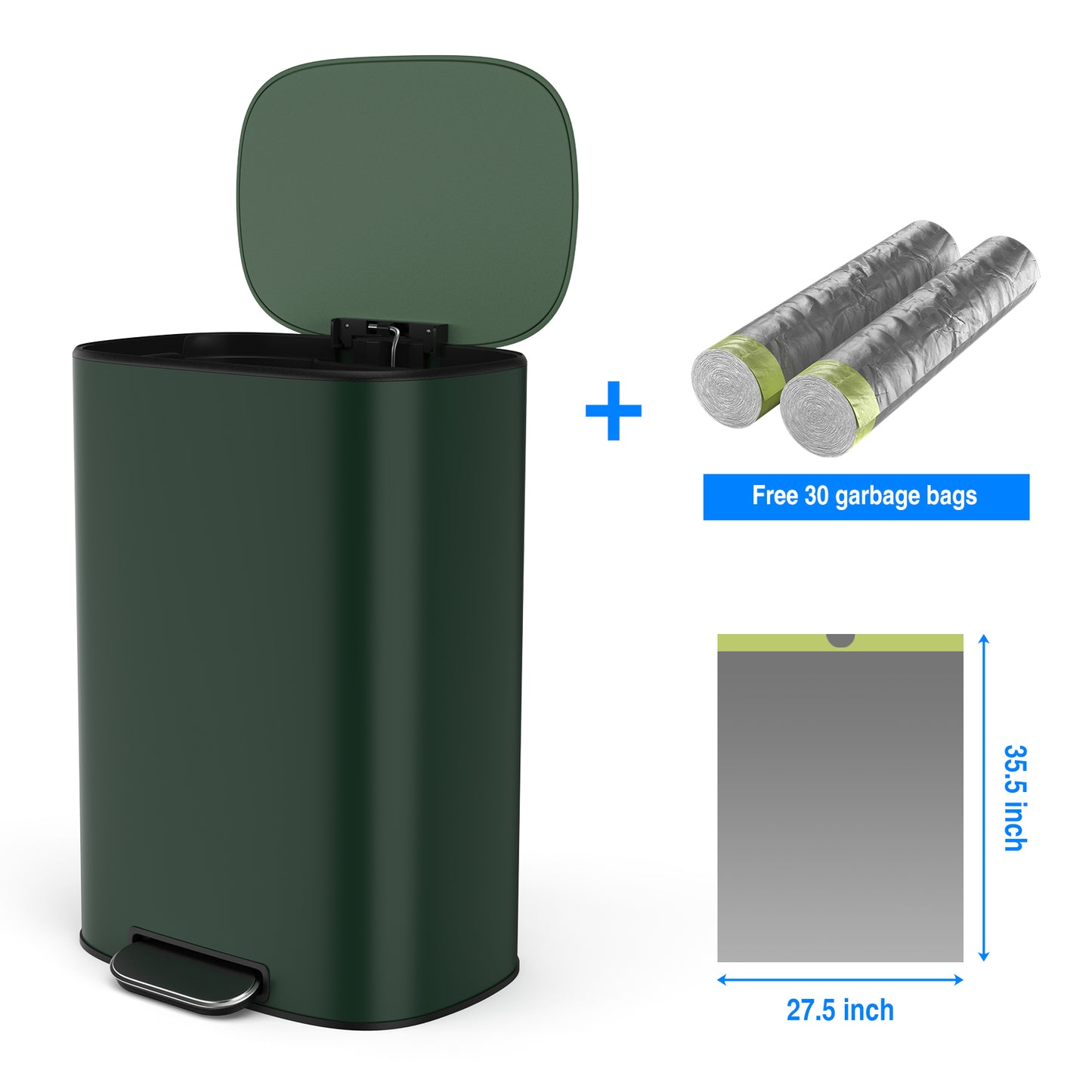 13 Gallon 50L Kitchen Foot Pedal Soft Close Trash Can Stainless Steel Ellipse Design Green