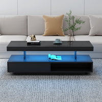 Modern LED Coffee Table with Storage and Display Shelves, Black Center Table with 2 Drawers for Living Room