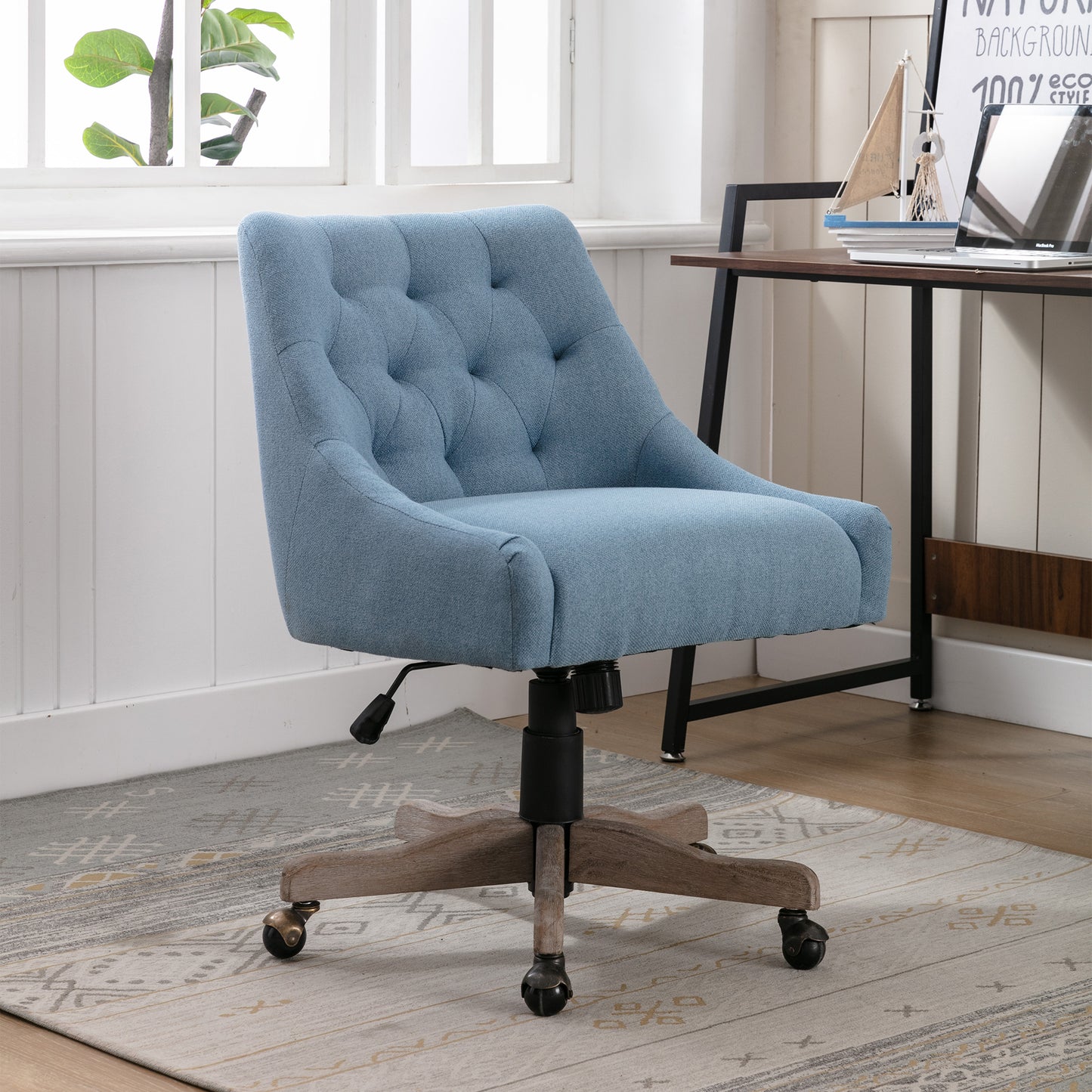 Adjustable Height Swivel Office Chair with Wheels Linen Fabric Upholstered Desk Chair Wooden Legs Navy