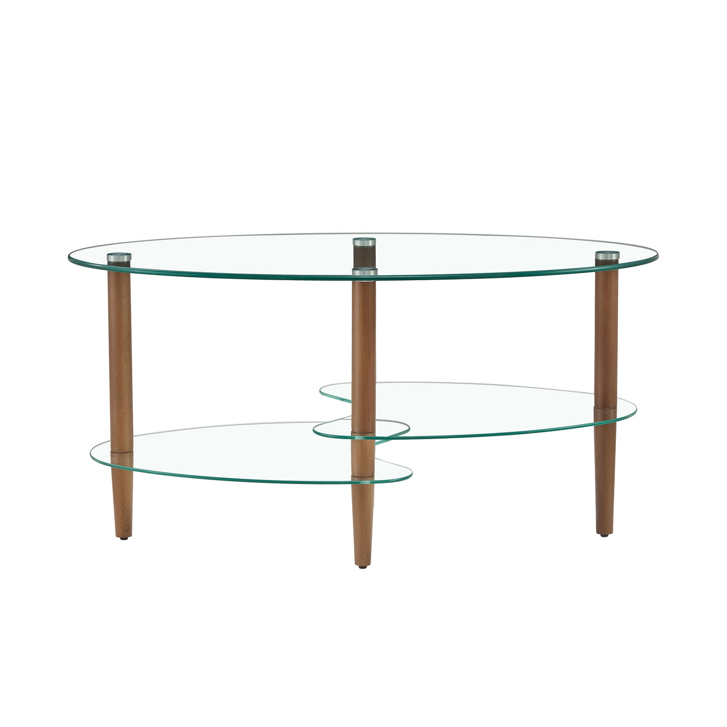 Transparent Oval Glass Coffee Table Modern Design Oak Wood Legs 3-Layer Living Room Tea Table