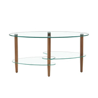 Transparent Oval Glass Coffee Table Modern Design Oak Wood Legs 3-Layer Living Room Tea Table
