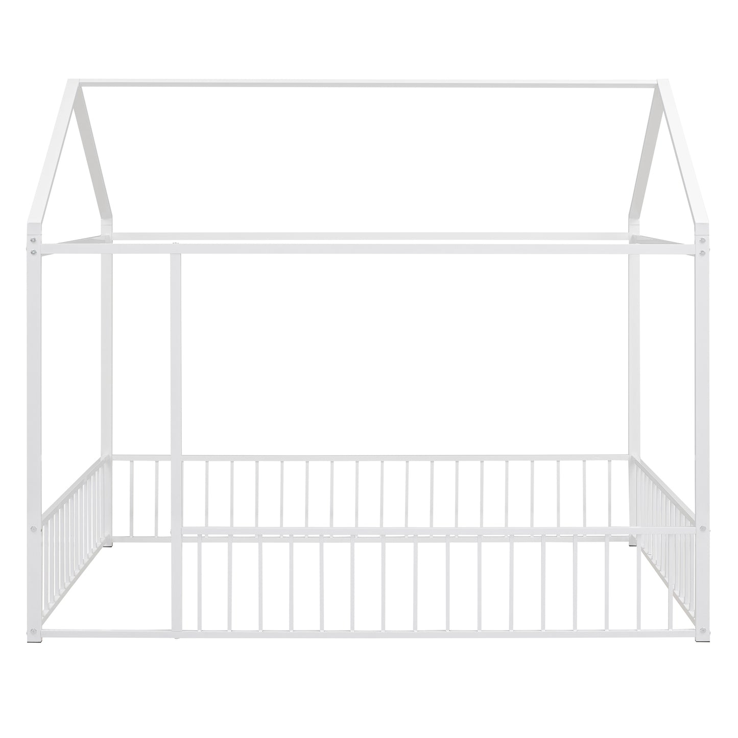 Full Size Metal Bed House Bed Frame with Fence, for Kids, Teens, Girls, Boys,White