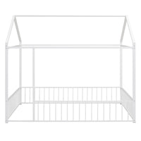 Full Size Metal Bed House Bed Frame with Fence, for Kids, Teens, Girls, Boys,White