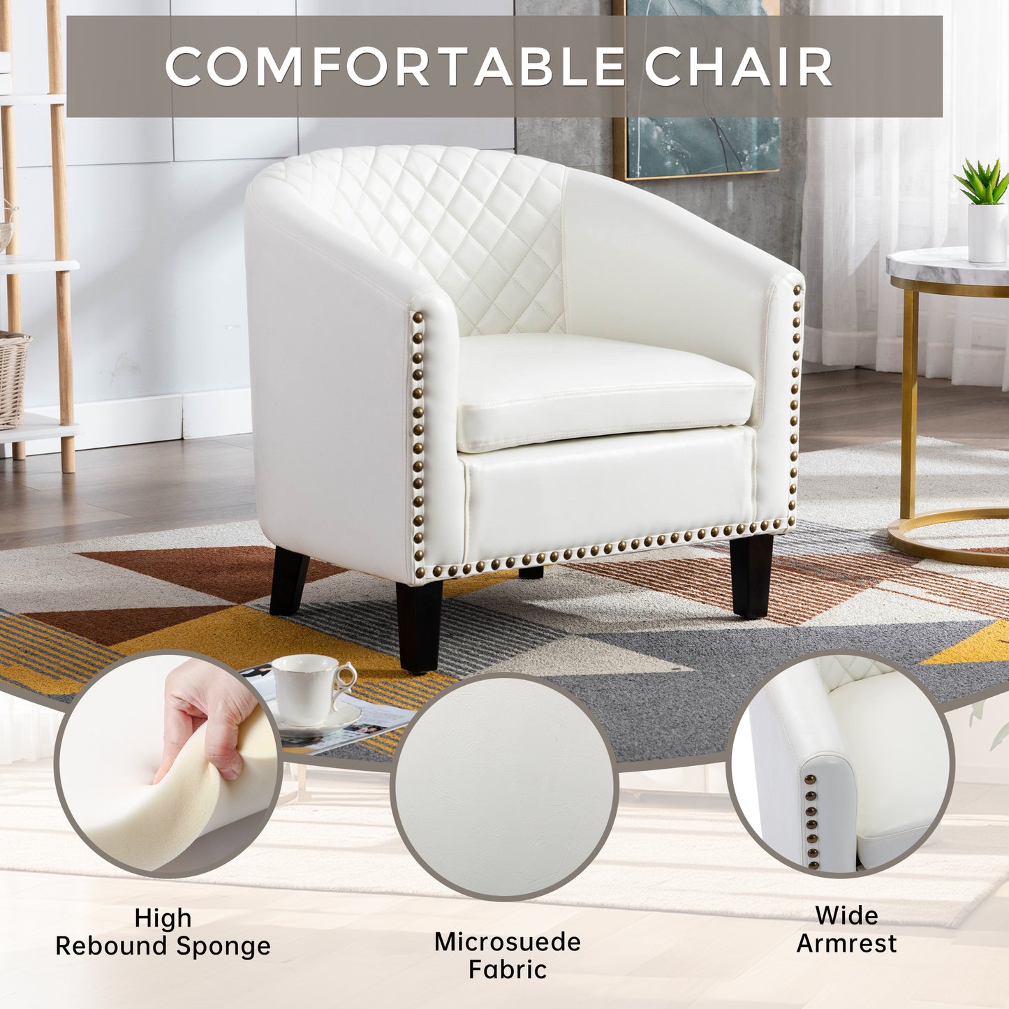 Barrel Chairs with Soft Padded Armrest and Solid Wood Legs for Living Room Bedroom Waiting Room White PU