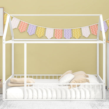 Full Size Metal Bed House Bed Frame with Fence, for Kids, Teens, Girls, Boys,White