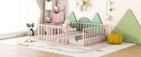 Full Size Metal Floor Bed Frame with Fence and Door, Pink