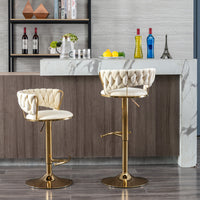 Set of 2 Velvet Bar Stools with Chrome Footrest and Base Swivel Adjustable Height Golden Legs Cream Color