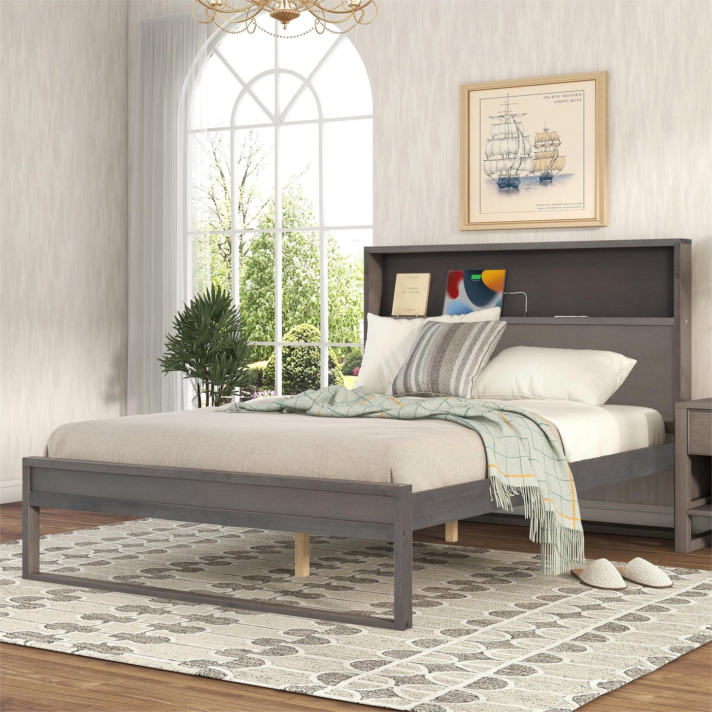 Full Size Platform Bed with Storage Headboard USB Ports and Sockets Antique Gray