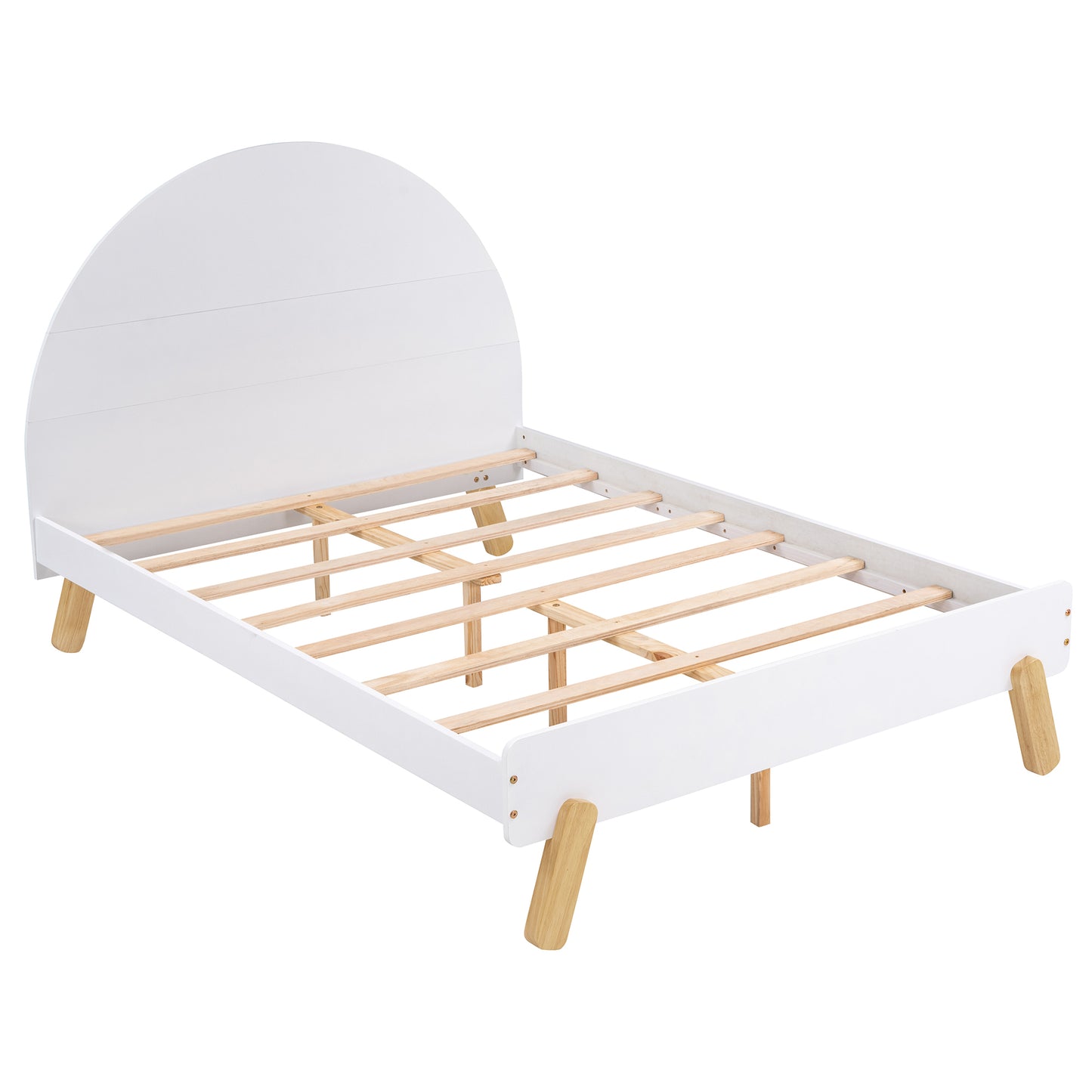 Wooden Cute Full Size Platform Bed with Curved Headboard and Shelf White