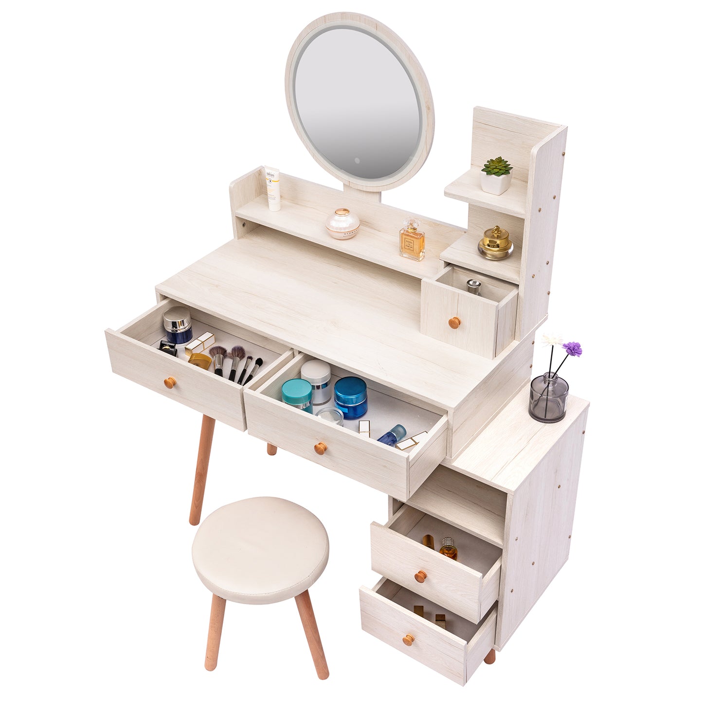 Stylish Vanity Table with Cushioned Stool Touch Control LED Mirror Large Storage Cabinet 5 Drawers Adjustable Length Makeup Furniture