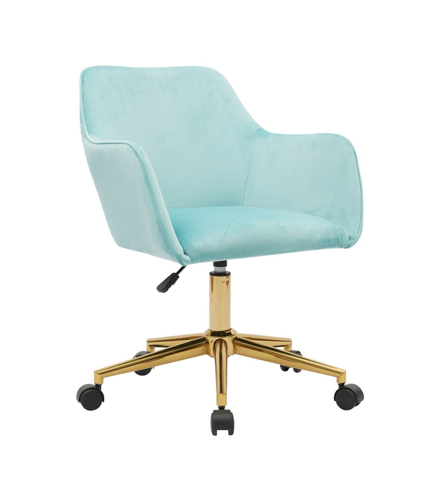 Modern Velvet Adjustable Height 360 Revolving Home Office Chair Aqua Light Blue Gold Metal Legs Universal Wheels