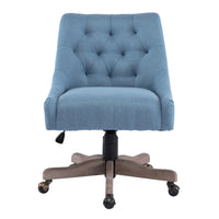 Adjustable Height Swivel Office Chair with Wheels Linen Fabric Upholstered Desk Chair Wooden Legs Navy