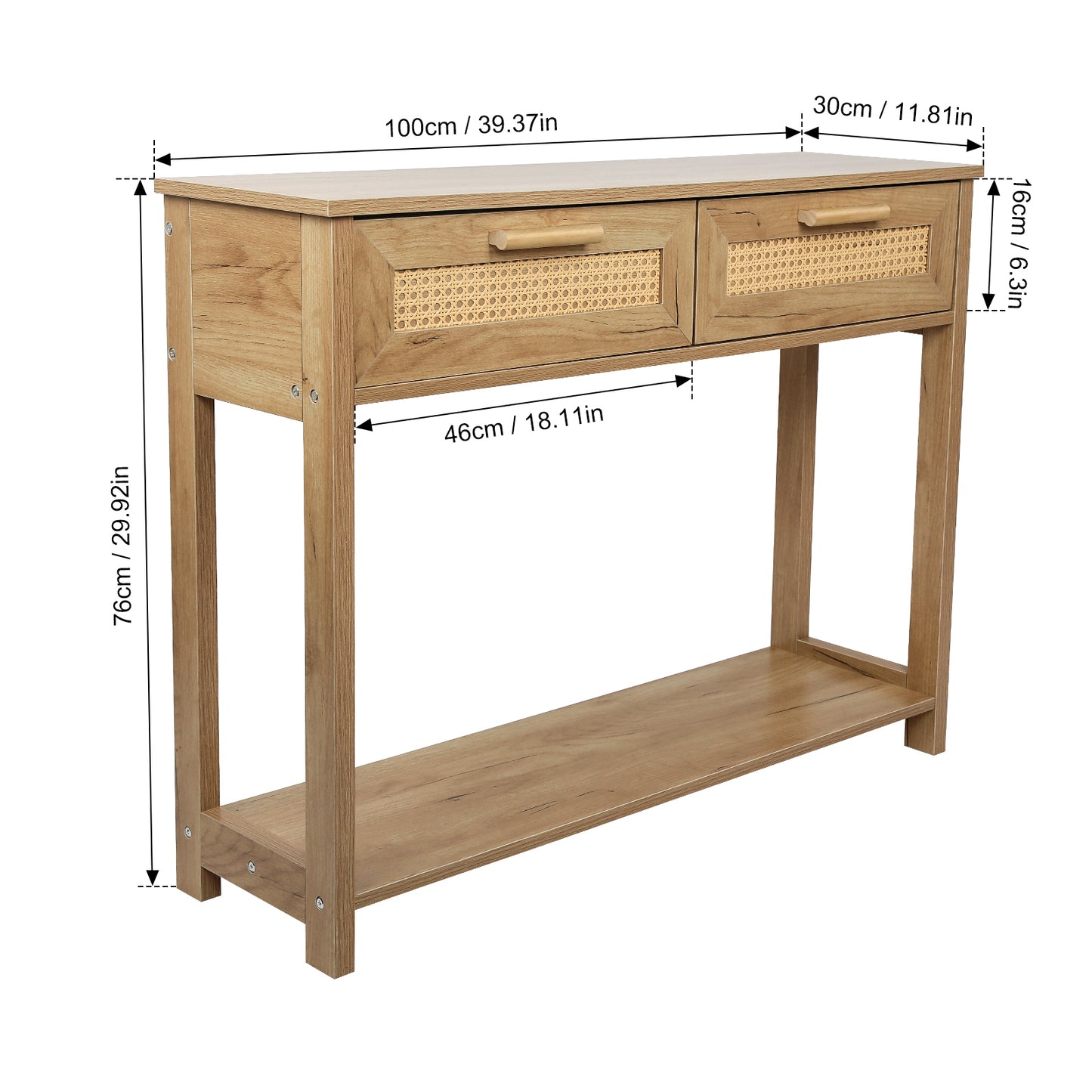 Console Table with 2 Drawers and Open Storage Shelf Narrow Accent Table Rattan Design for Living Room Entryway Hallway Natural Color