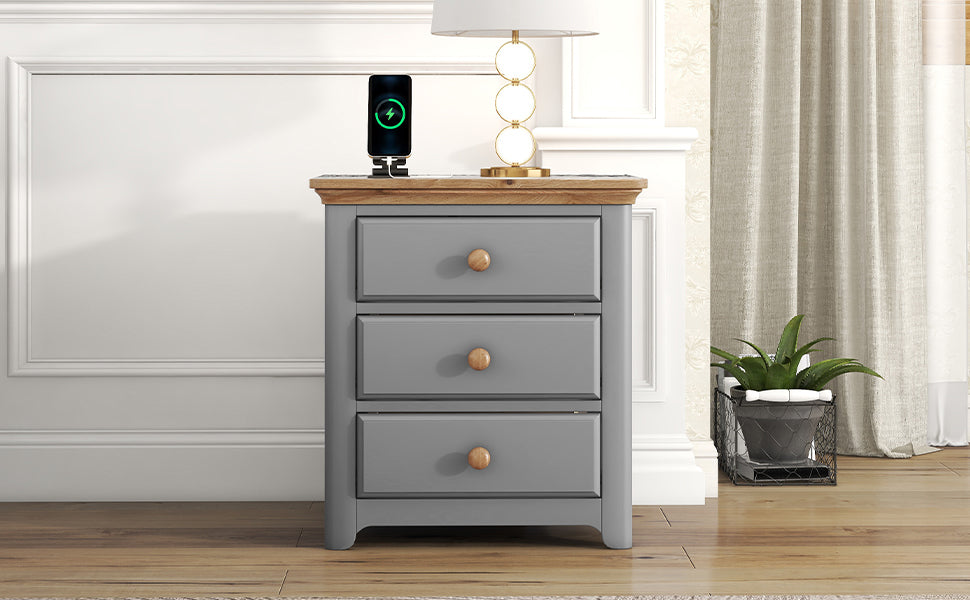 Wooden Nightstand with USB Charging Ports Three Drawers End Table for Bedroom Gray Natural Finish