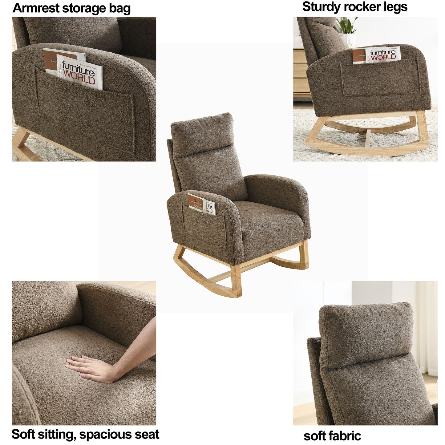 Modern Accent High Backrest Living Room Lounge Arm Rocking Chair with Two Side Pockets 27.6 Inch