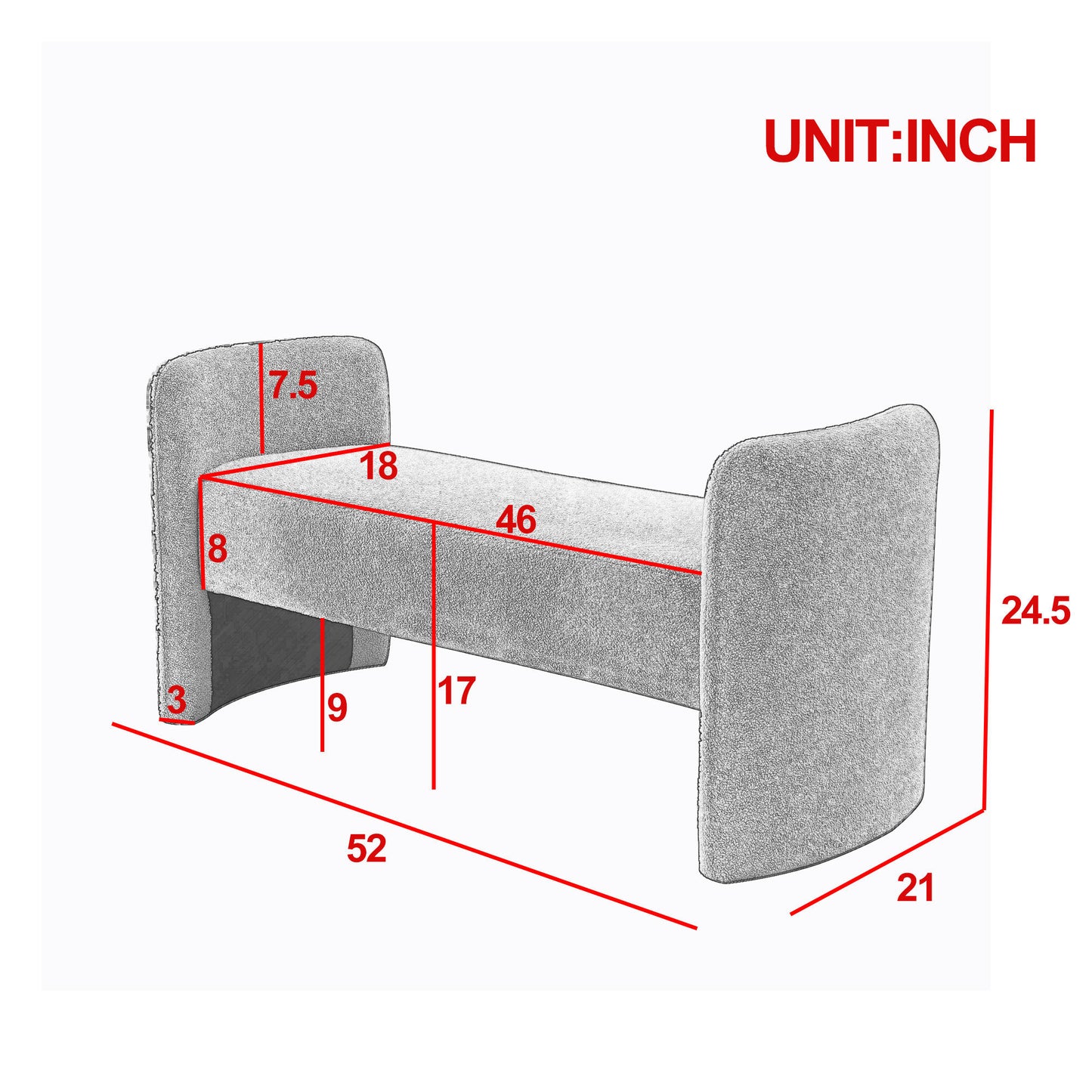 52 Inch Modern Contemporary Bench for Bedroom End of Bed Ottoman Couch Long Window Sitting Fireplace Teddy White Ivory