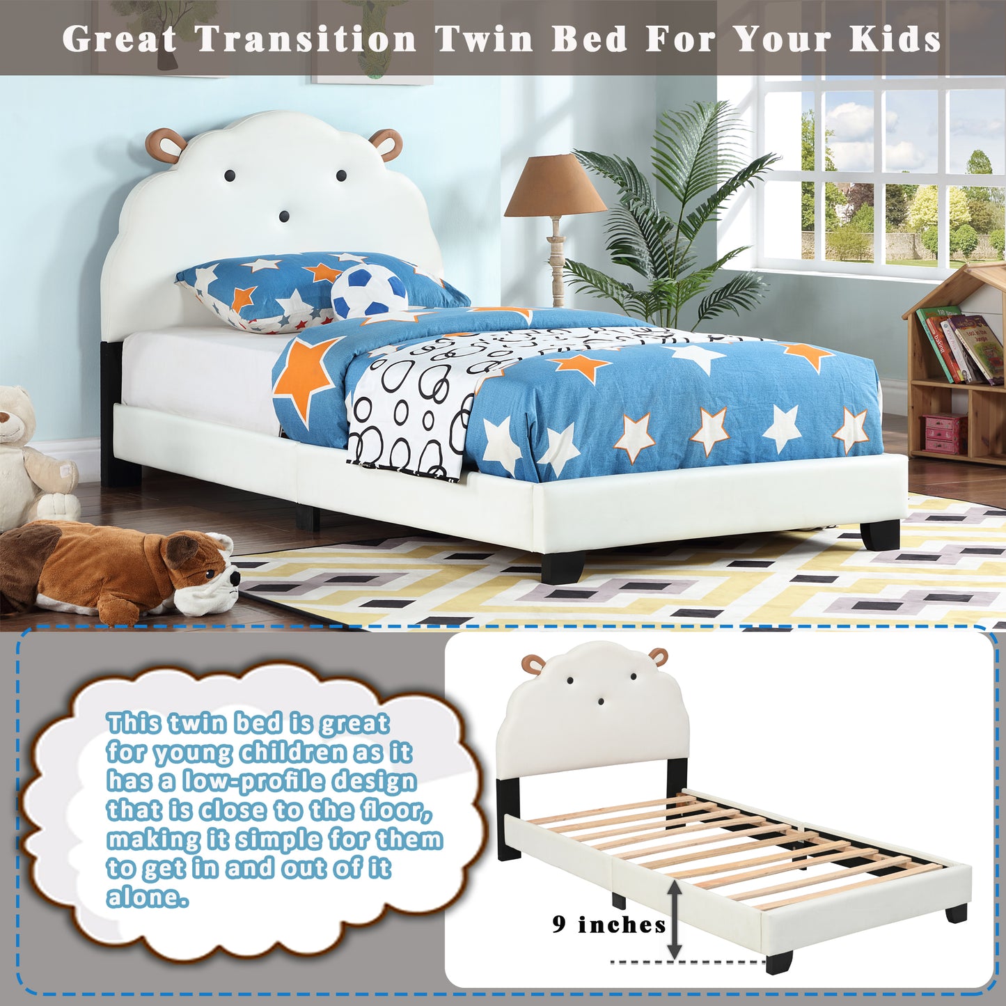 Upholstered Twin Platform Bed for Kids with Sheep Headboard White Wooden Frame No Box Spring Needed