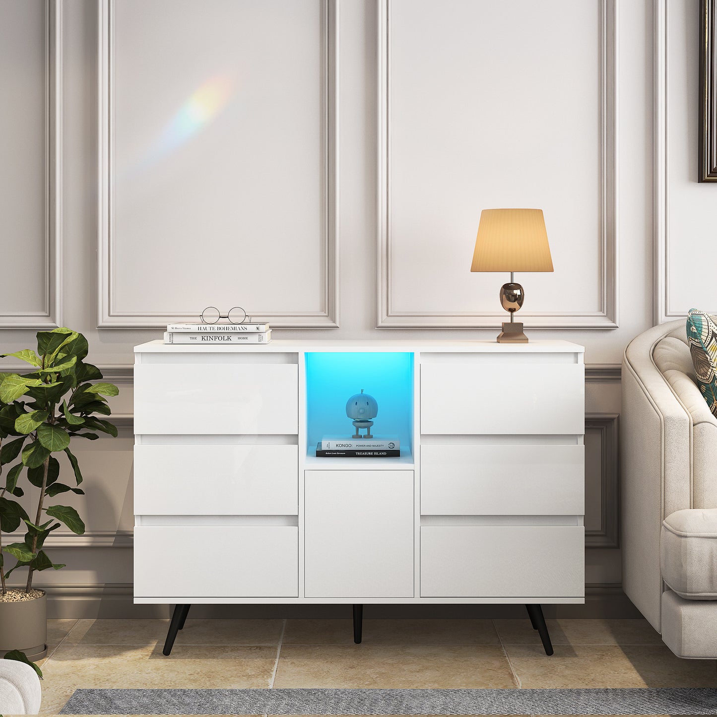 White High Gloss Living Room Sideboard Storage Cabinet with LED Light Modern Kitchen Buffet Wooden Display Unit